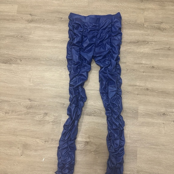 Blue Stacked Leather Pants - Picture 1 of 4